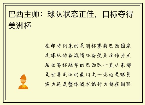 巴西主帅：球队状态正佳，目标夺得美洲杯