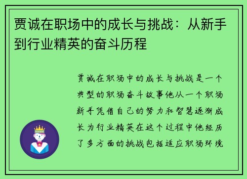 贾诚在职场中的成长与挑战：从新手到行业精英的奋斗历程