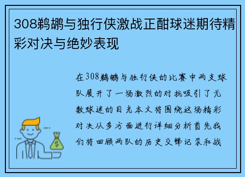 308鹈鹕与独行侠激战正酣球迷期待精彩对决与绝妙表现