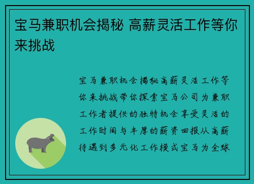 宝马兼职机会揭秘 高薪灵活工作等你来挑战
