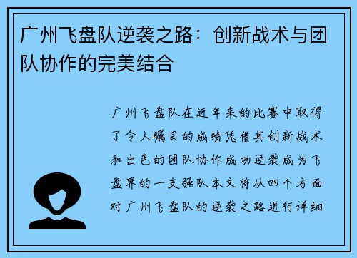 广州飞盘队逆袭之路：创新战术与团队协作的完美结合