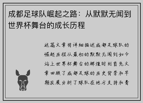 成都足球队崛起之路：从默默无闻到世界杯舞台的成长历程