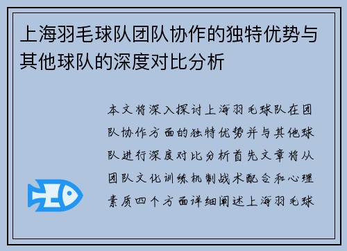 上海羽毛球队团队协作的独特优势与其他球队的深度对比分析